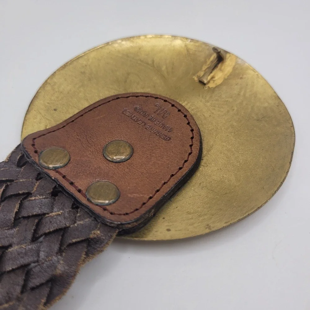 Brown Leather Belt Large Medallion Buckle Floral Etched Boho Boho Artisan Hippie
